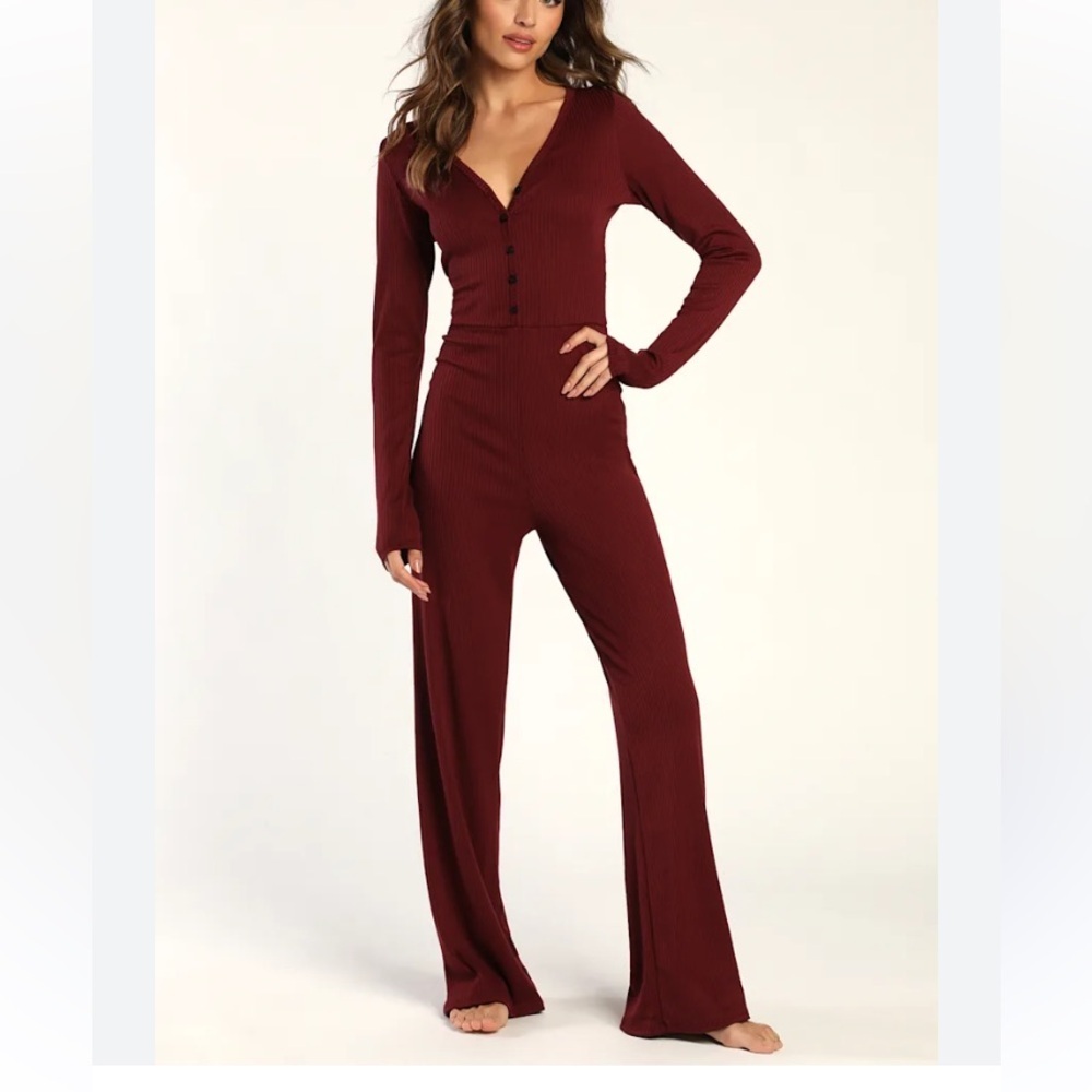 Lulus XS Burgundy Ribbed Knit Henley Lounge Jumpsuit Romper Wide Leg Brown